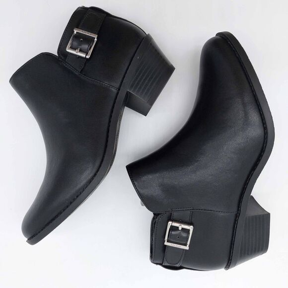 Vionic Millie Black Leather Ankle Booties Women’s 7.5 Side Zip Buckle Low Block - Picture 7 of 11